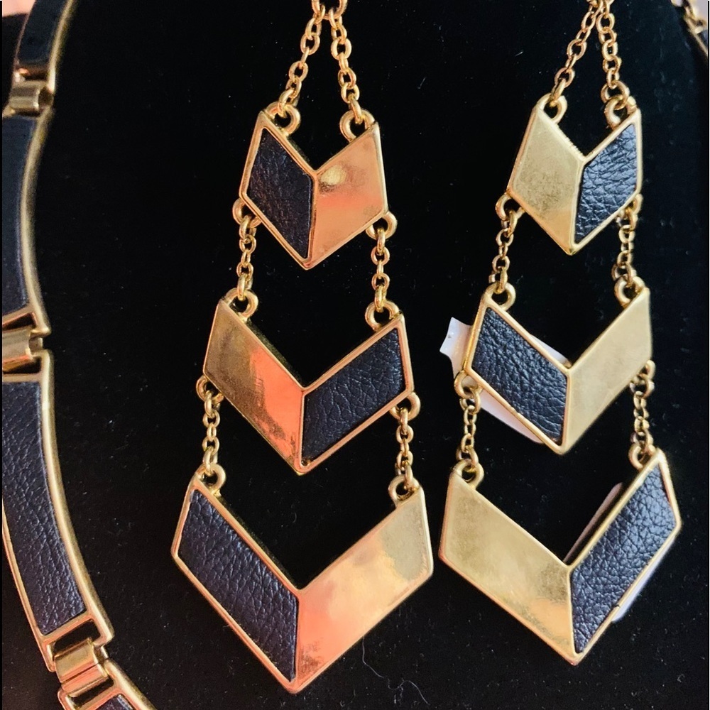 E90- BCBG Gold Plated w black Leather Earrings
